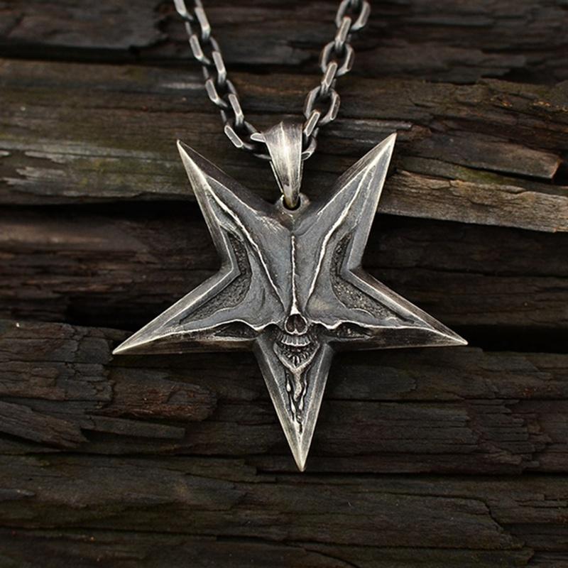 Vintage Mens Satanic Inverted Pentagram Skull Pendant Necklace For Men Punk Demon Chaos Star Baphomet Jewelry Necklaces284K