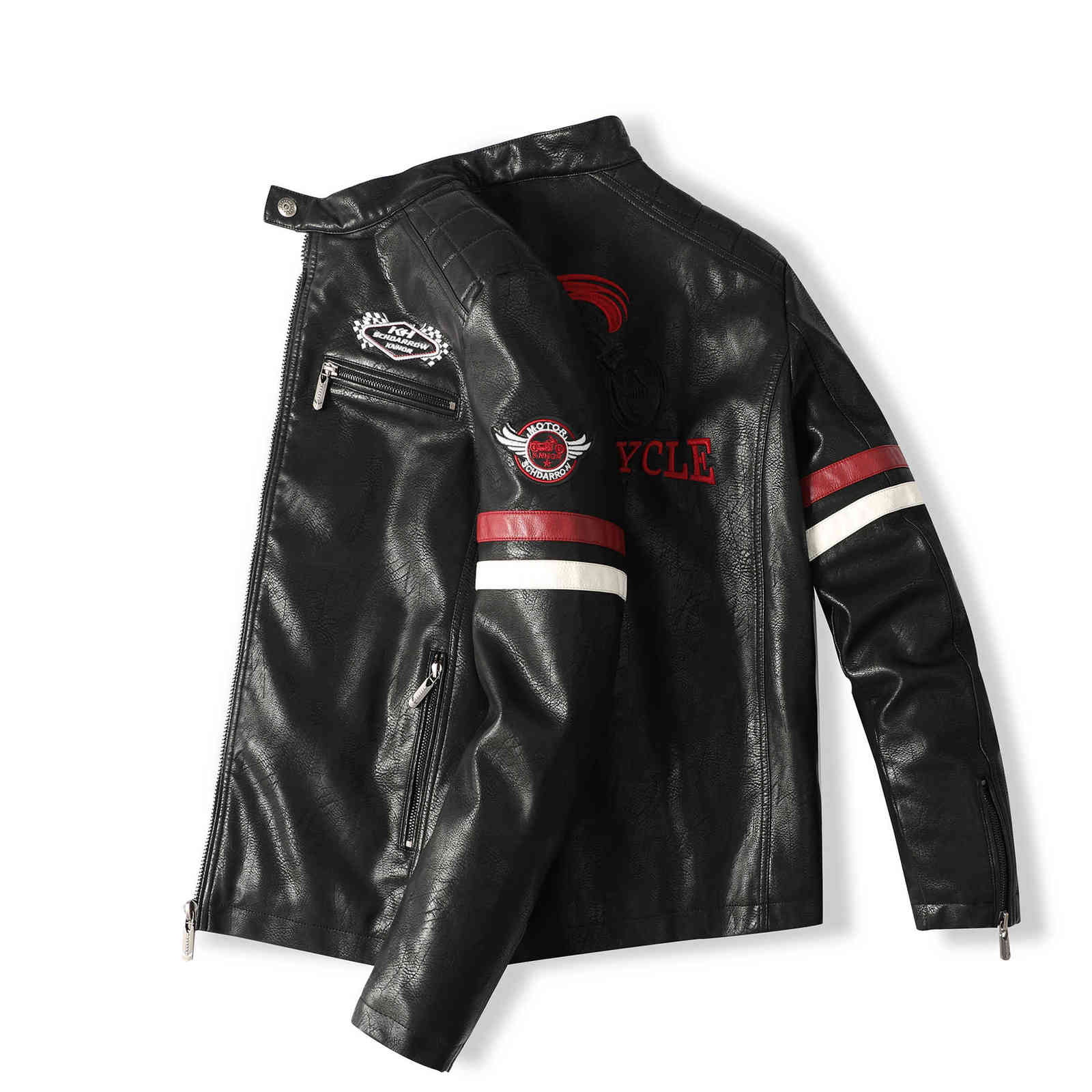 Vintage Motorcycle Jacket Men Fashion Biker Leather Jacket Male Embroidery Bomber Coat Winter Fleece Pu Overcoat Oversize 211111