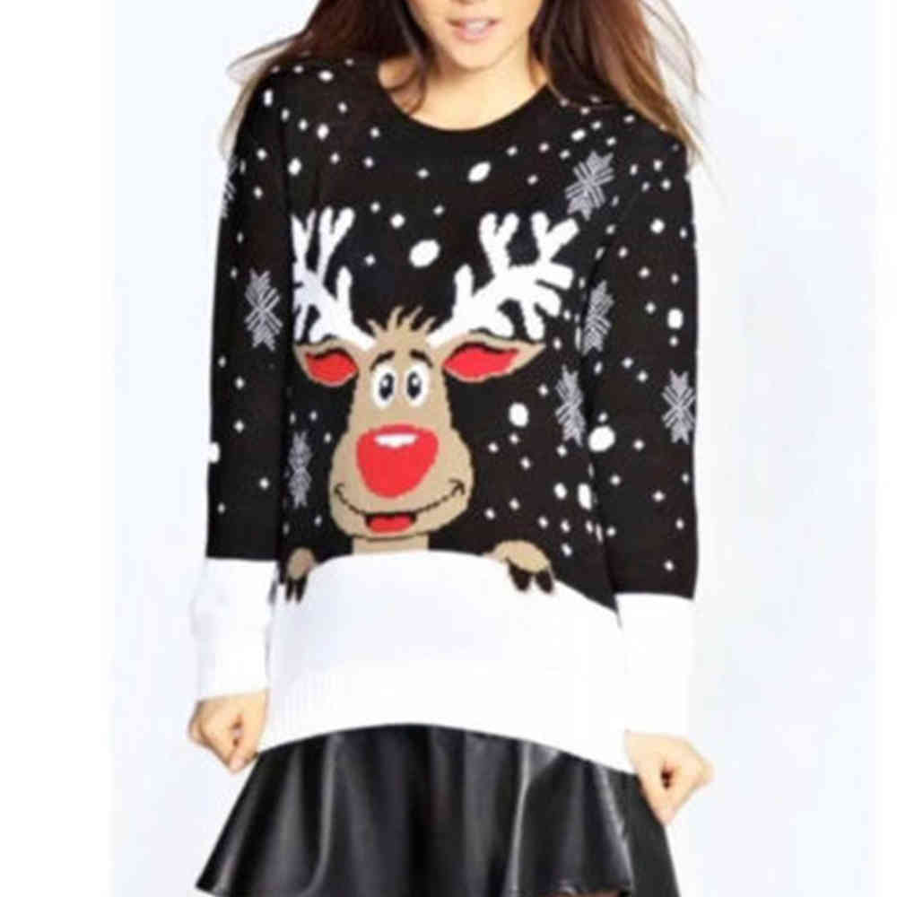 Women Winter Christmas Sweater Deer Snow Knitted Year Vintage Patchwork Pullover Warm Thick Jumpers Tops 210428