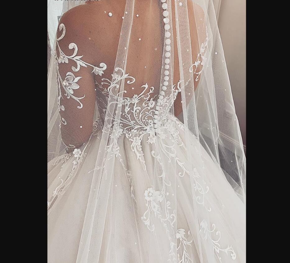 Simple Illusion Long Sleeves A Line Wedding Dresses Bridal Gowns Jewel Neck Button Back Lace Appliques Pearls Ball Gown Vestido De Novia Custom Plus S