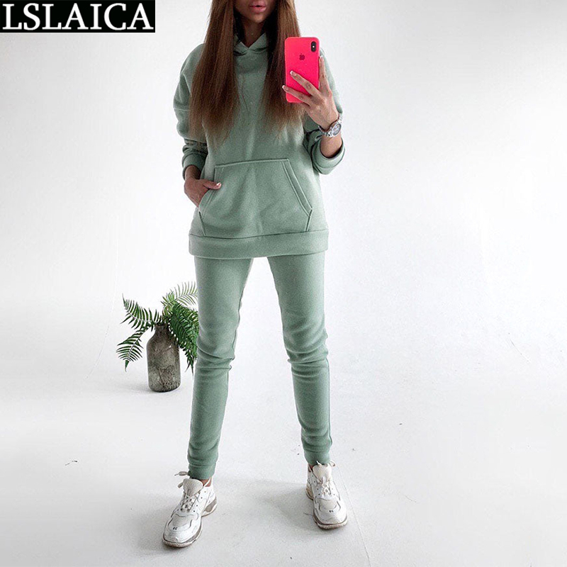 Casual Tracksuit Women Two Piece Set Hooded Long Sleeve Pocket Tops Full Length Pants Autumn Solid Sportswear Clothing 210520
