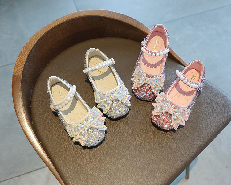 Children Sneakers Bowknot Middle Small Girls' Leather Cute Pearl Student Performance Kids Shoes