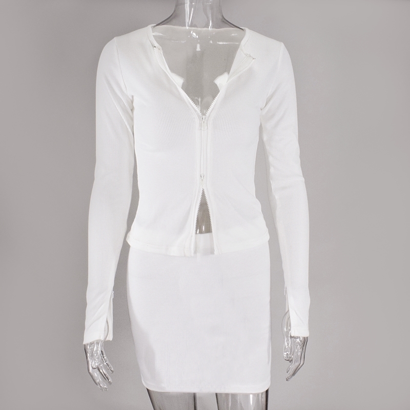 NewAsia Garden Ribbed Knit Two Piece Set Women Double Zipper Split Sleeve Casual Mini Skirt Set Sexy White Two Piece Outfits 210413