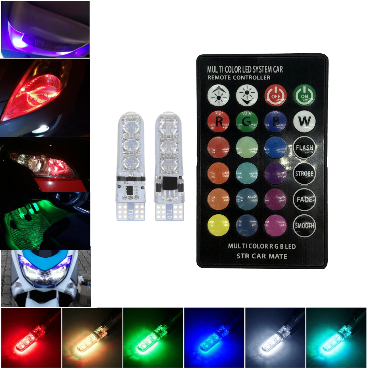 12V T10 W5W Silicone Car RGB 5050 6SMD LED Side Wedge Light Dome Reading Lamp Flash Strobe Decoration Lights Remote Controller
