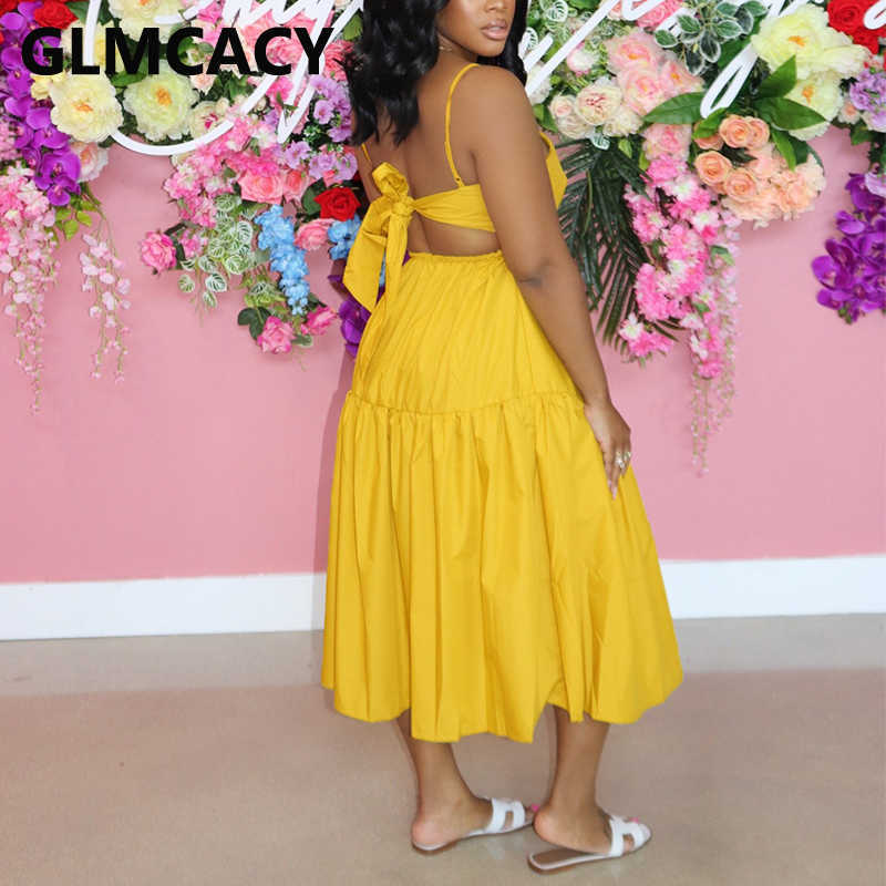 Women Spaghetti Strap Back Bow Knot Deisn Maxi Solid Dress 210702