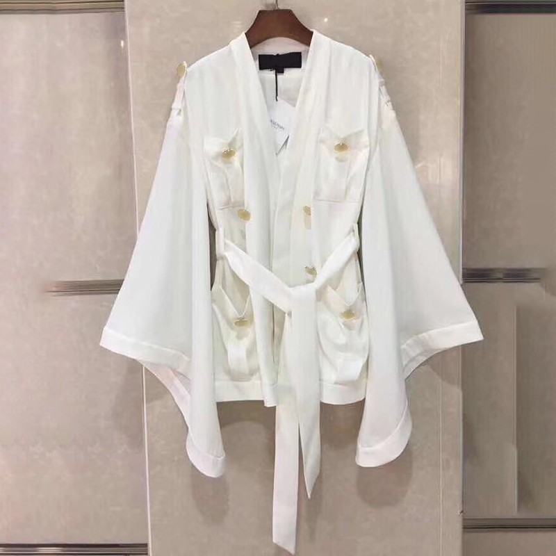 VGH Patchwork Elegant Women's Coat V Neck Long Flare Sleeve Casual Loose Pockets Black Coats Female Fashion Clothing Autumn 210421