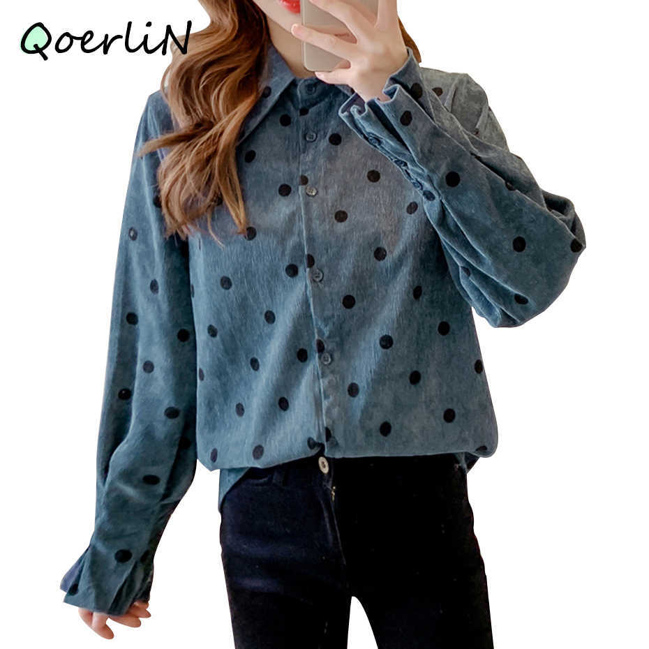 S-2XL Corduroy Winter Jacket Women Autumn Lapel Single-breasted Polka Dot Long Sleeve Shirt Female Blouse Coat Plus Size 210601