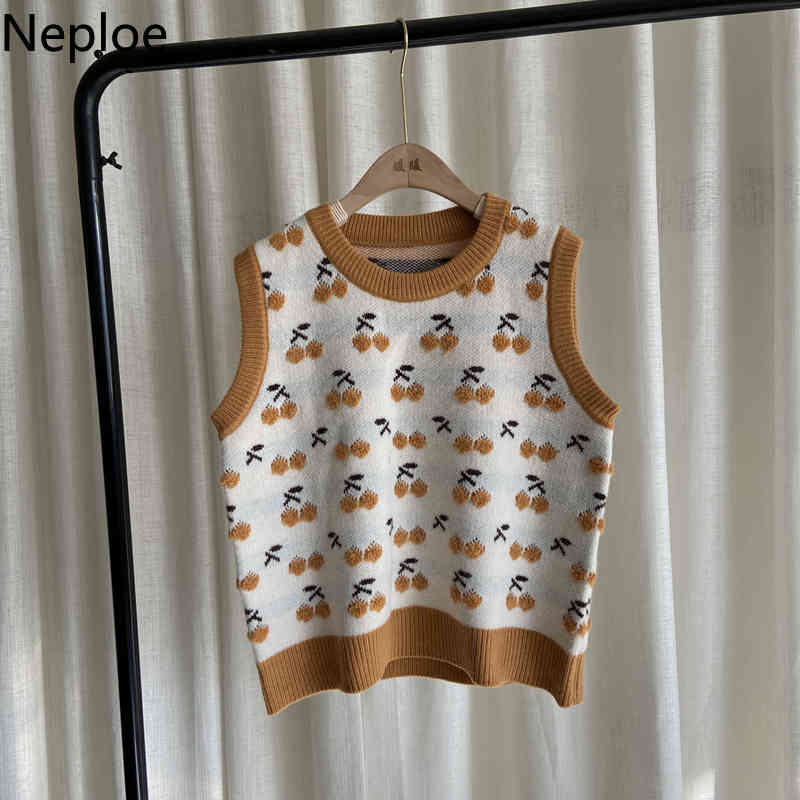 Neploe Woman Sweaters Vest O-neck Crochet Floral Cherry Knitted Cropped Pullovers Tank Korean Sweet Waistcoat Tops women 4H380 210422
