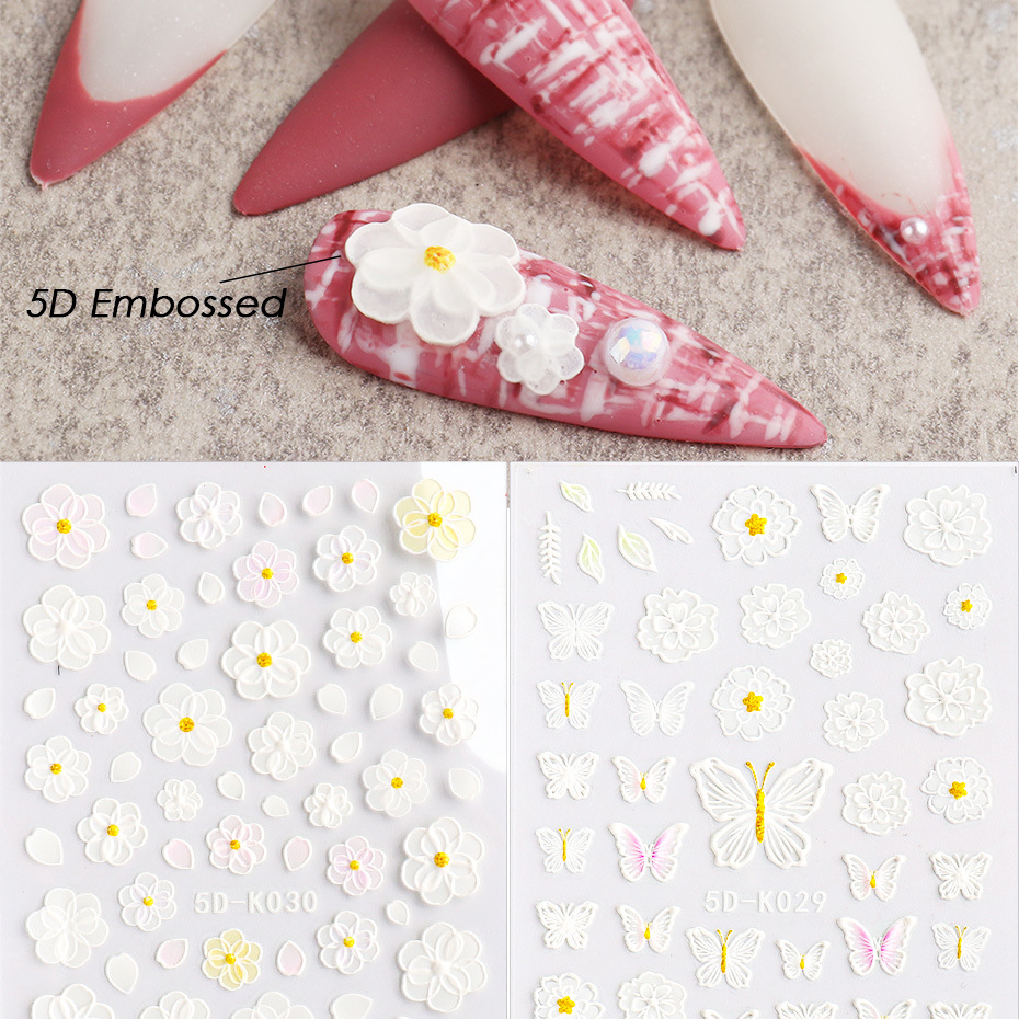1Sheet White Embossed Flower Lace nail Sticker 5D Floral Wedding Nails Art Design Butterfly Manicure Decals