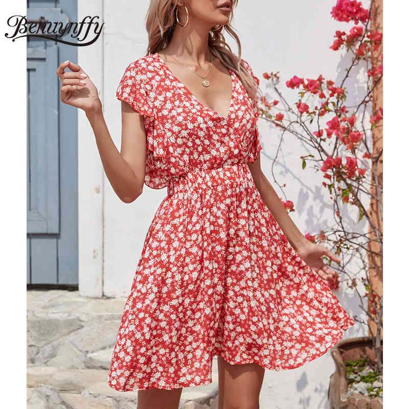 Surplice Neck Ruffle Sleeve Print Mini Dresses Women Boho Holiday Casual High Waist Female A-Line Summer Dress 210510