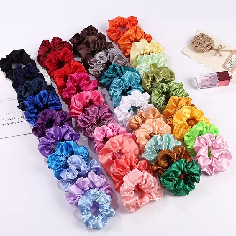 60pcs/lot newest Women Silk Solid Scrunchies Elastic Satin Hairbands Girls Hair Tie Hair Rope Hair Accessories Wholesale