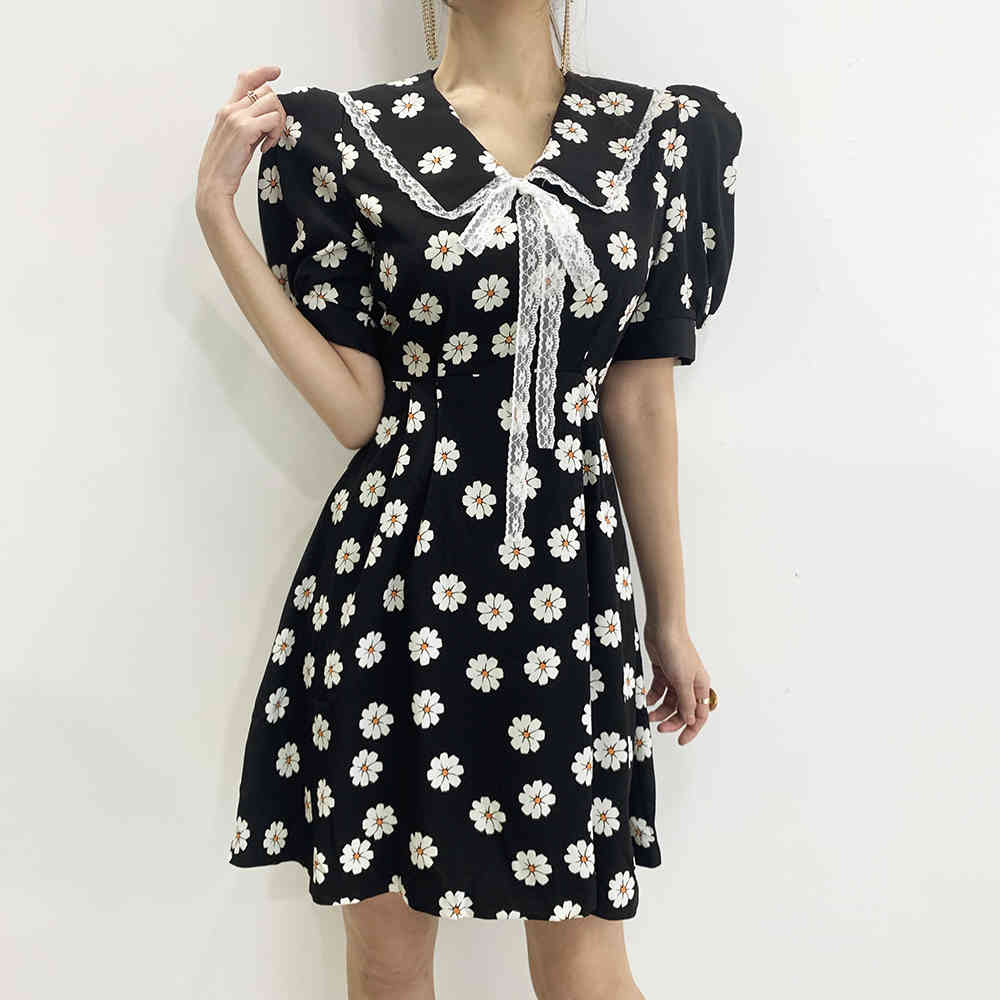 Korea Women's Lace Bow Peter Pan Collar Dress Ladies Small Daisy Printed Dresses Summer Girl Student Vestidos Women Clothes 210506