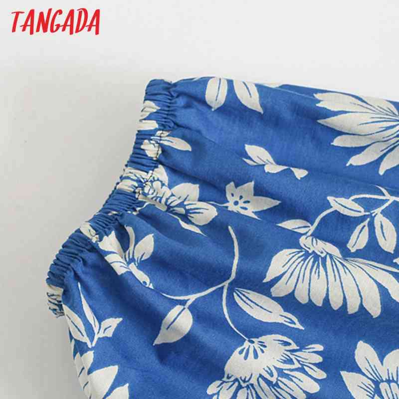 Summer Women Blue Floral Print French Style Puff Short Sleeve Ladies Midi Dress Vestidos 5Z93 210416