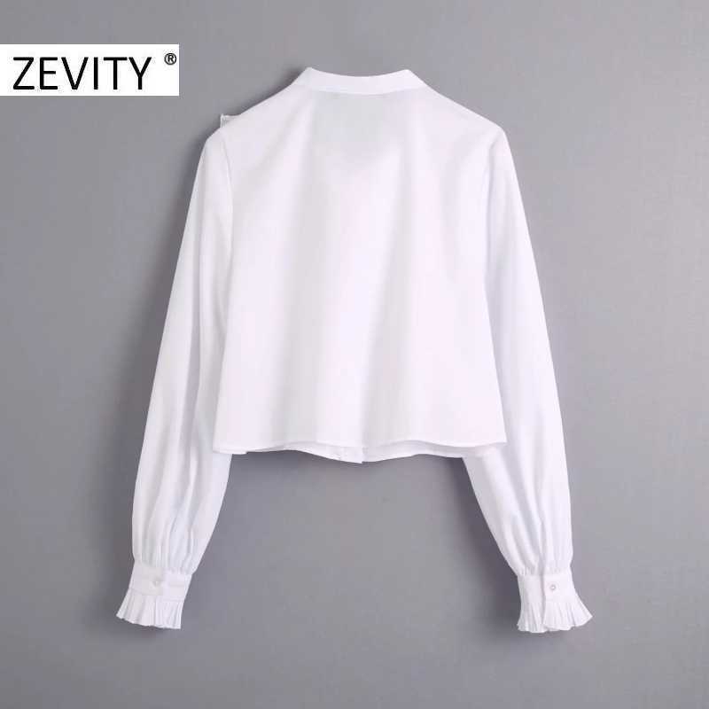 Zevity women fashion bow collar press pleated ruffles casual smock chic blouse ladies poplin roupas femininas shirts tops LS7253 210603