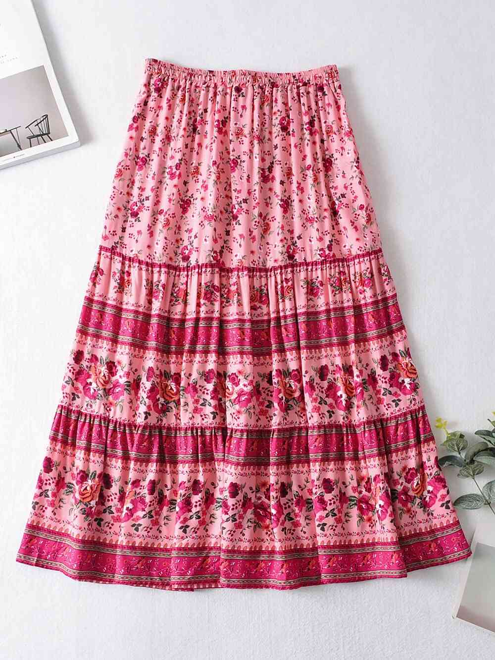 Bohemia Spliced Pleated Floral Print Long Skirt Hippie Women Adjust Stream Elastic Waist Swing Skirts Holiday Beach 210429