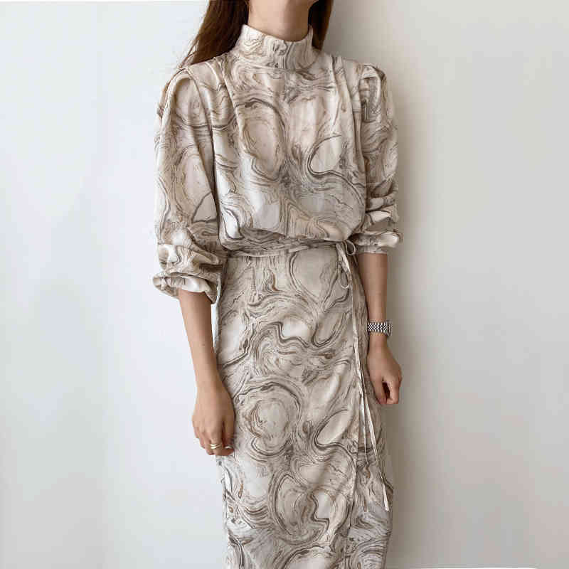 Korean Elegant Stand Collar Runway Dress Women Long Sleeve Spring Robe Dresses Vintage Print Maix Vestidos 210519