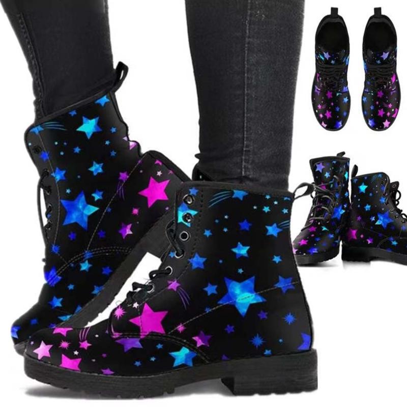 Boots Ins Girls Ankle Colorful Pentagram Low Heel Women Classic Fashion Stylish Casual Lace Up Shoes Woman