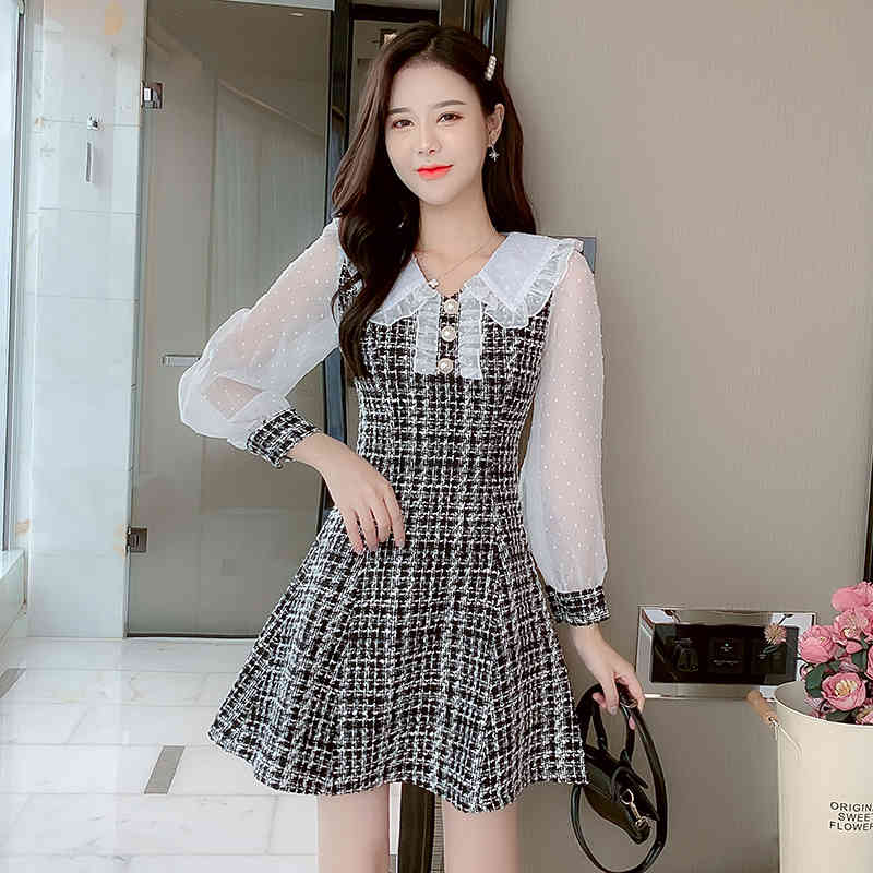 HMA New Autumn And Winter Tweed Woolen Dresses Women Fashion Hit Color Long Sleeve Elegant Sweet Vestidos 210409