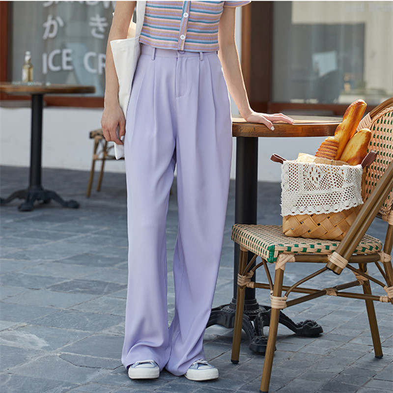 OL Solid Purple Bottoms High Waist Suit Pants Women Loose Long Straight Wide leg Work wear Trousers Femme 210421