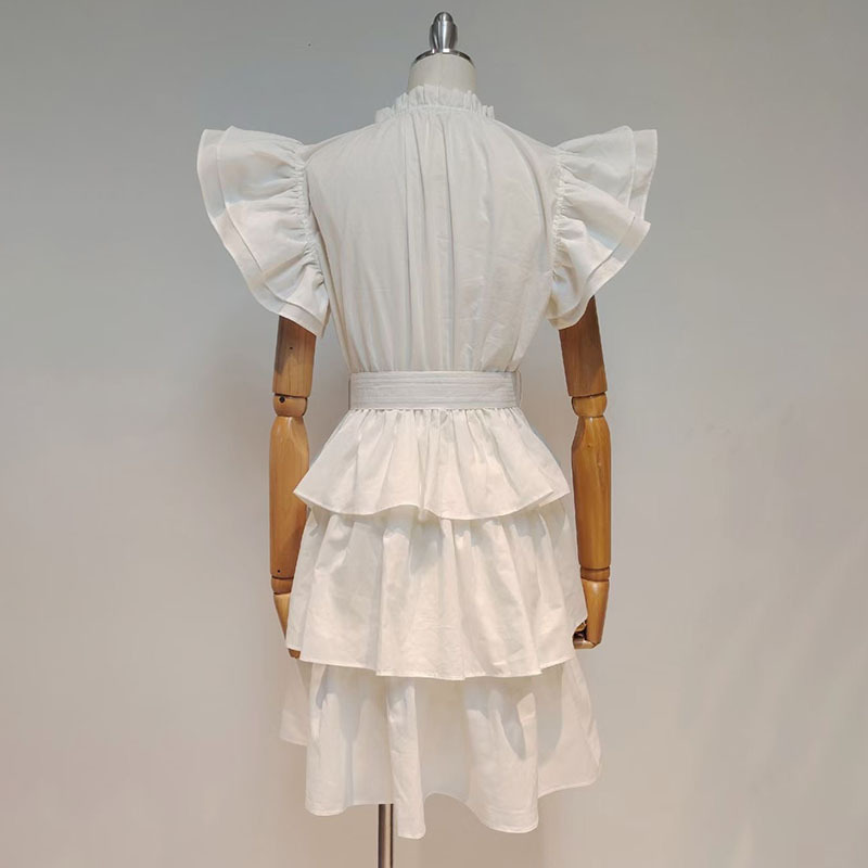 VGH White Casual Dress For Women Stand Collar Short Sleeve High Waist Lace Up Bowknot Patchwork Ruffle Mini Dresses Female 210421