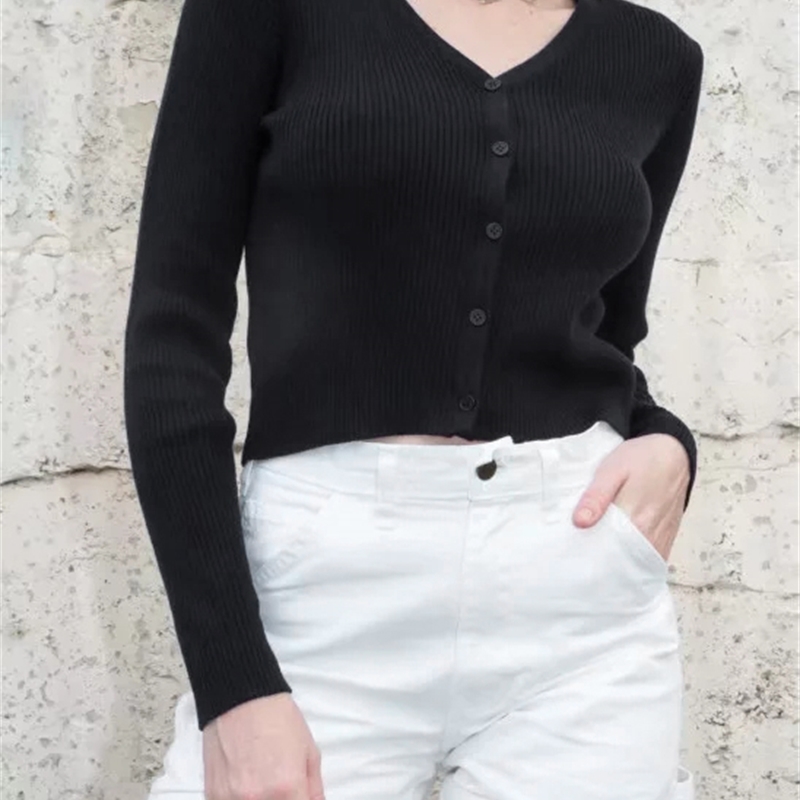 European slim thin short V-neck long-sleeved wool knitted cardigan women spring autumn stretch single-breasted top sweater 76RJ 210603