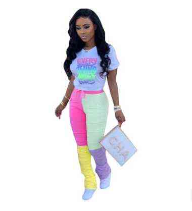 CM.YAYA Women letter print tee tops patchwork stracked bell bottom jogger sweatpant suit two piece set sport matching outfit 211105