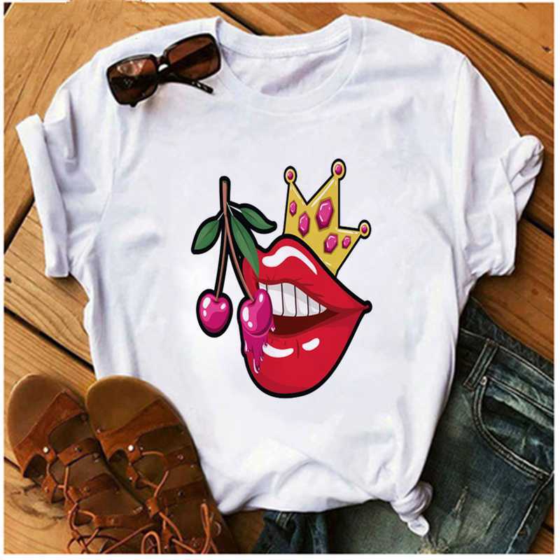 AOWOF Sexy Red Lips Cherry Fruit Woman Seductive Lipstick T-shirt Fashion Clothing Haruku Top Korean Style Female X0527
