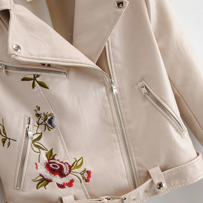 Women's PU Leather Lapel Long-sleeved Jacket Female Heavy Industries Embroider Flowers and Leaves Rivet Short Leather Jacket 210507
