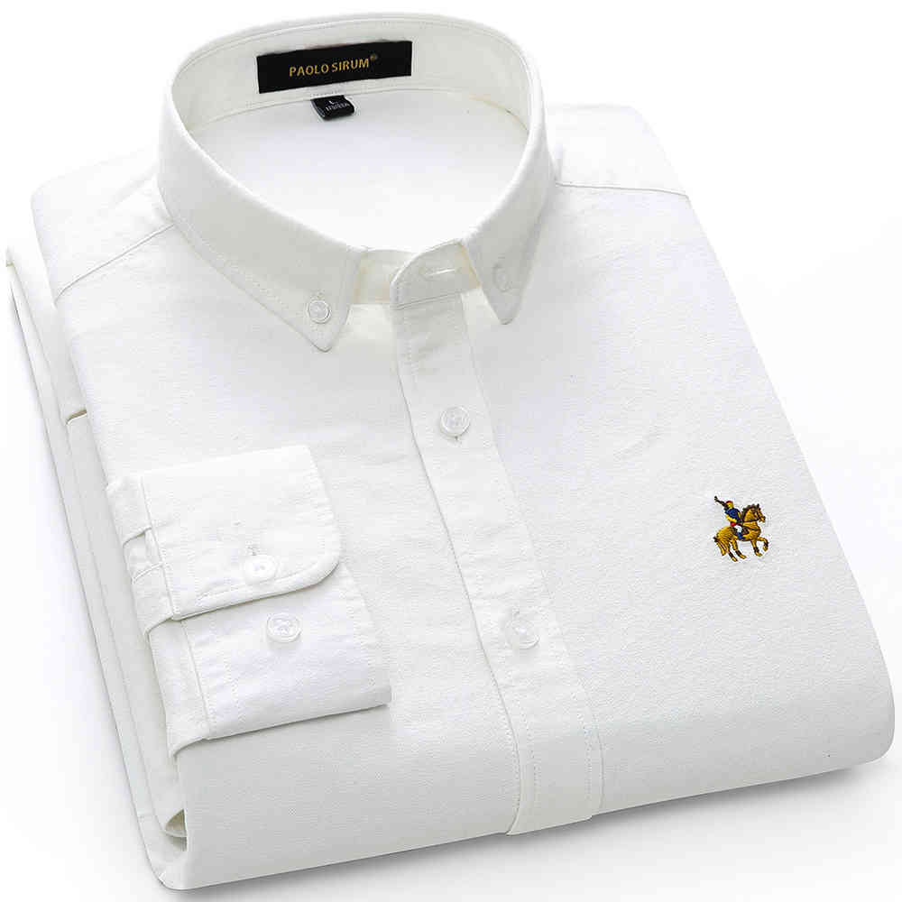 Spring 100% Cotton Oxford Men Shirt White Long Sleeve Embroidery Regular Fit Soft Thick Comfortable Male 210410