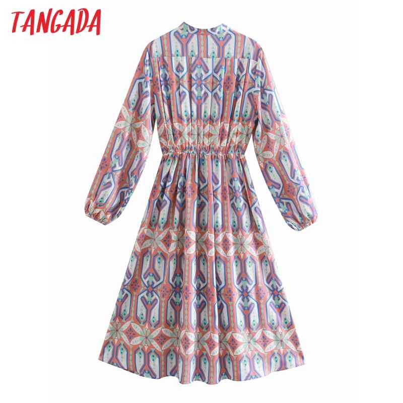 Spring Fashion Women Geometry Print Shirt Long Sleeve Strethy Waist Office Ladies Midi Dress 2W76 210416