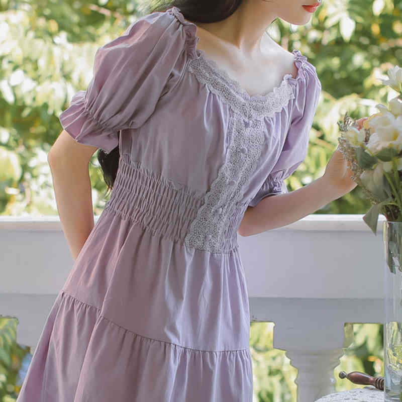 Luck A Girl Summer Purple Elegant Lace Long Maxi Dress Vintage Square Collar French Princess Dresses Casual Holiday Party Dress 210331