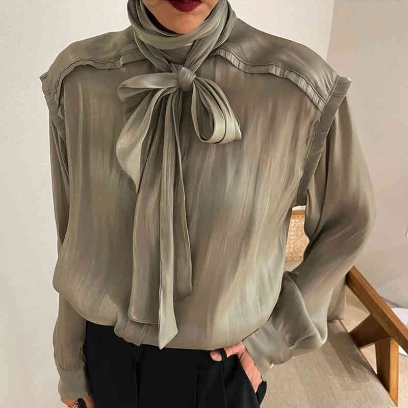 Nomikuma Sexy See Through Women Shirt Korean Bow Bandage Collar Top Blusas Spring New Long Sleeve Causal Blouse Mujer 6D895 210427
