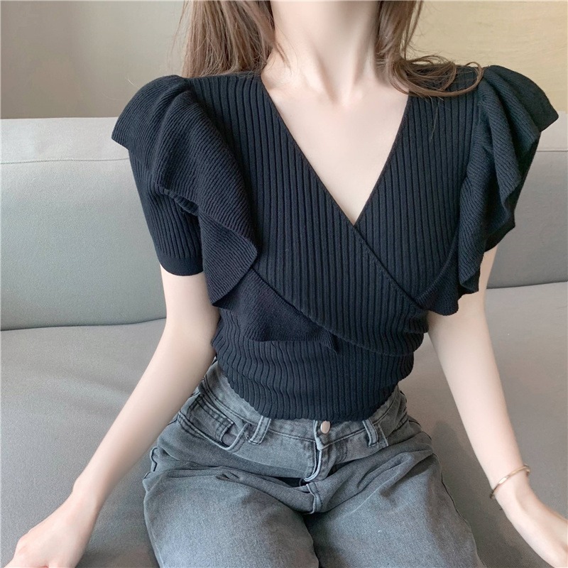 Summer Fashion Clothing Sweet Sexy V Neck Cross Short Sleeve Pink Tshirts Women Crop Tops Ruffles White Tees Elegant Black 210429