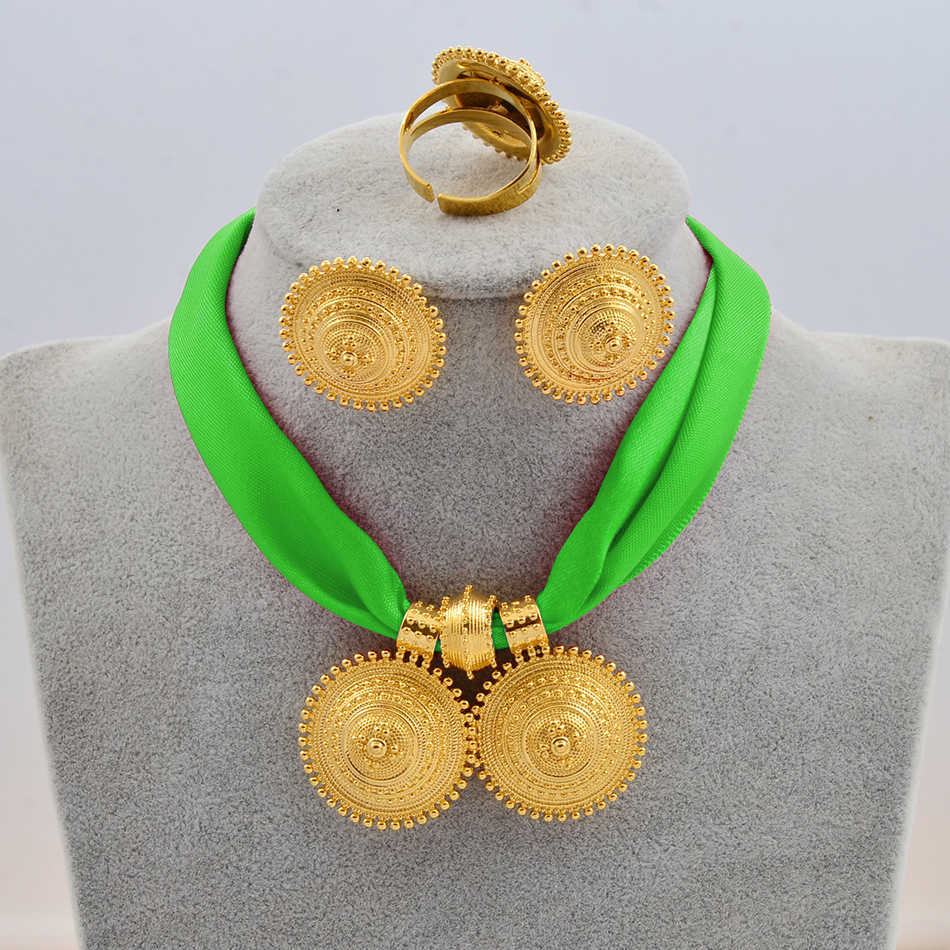 Anniyo DIY Rope Chain Ethiopian Jewelry Set Gold Color Eritrea Ethnic Style Habesha Pendant Earrings Ring #217106 211015