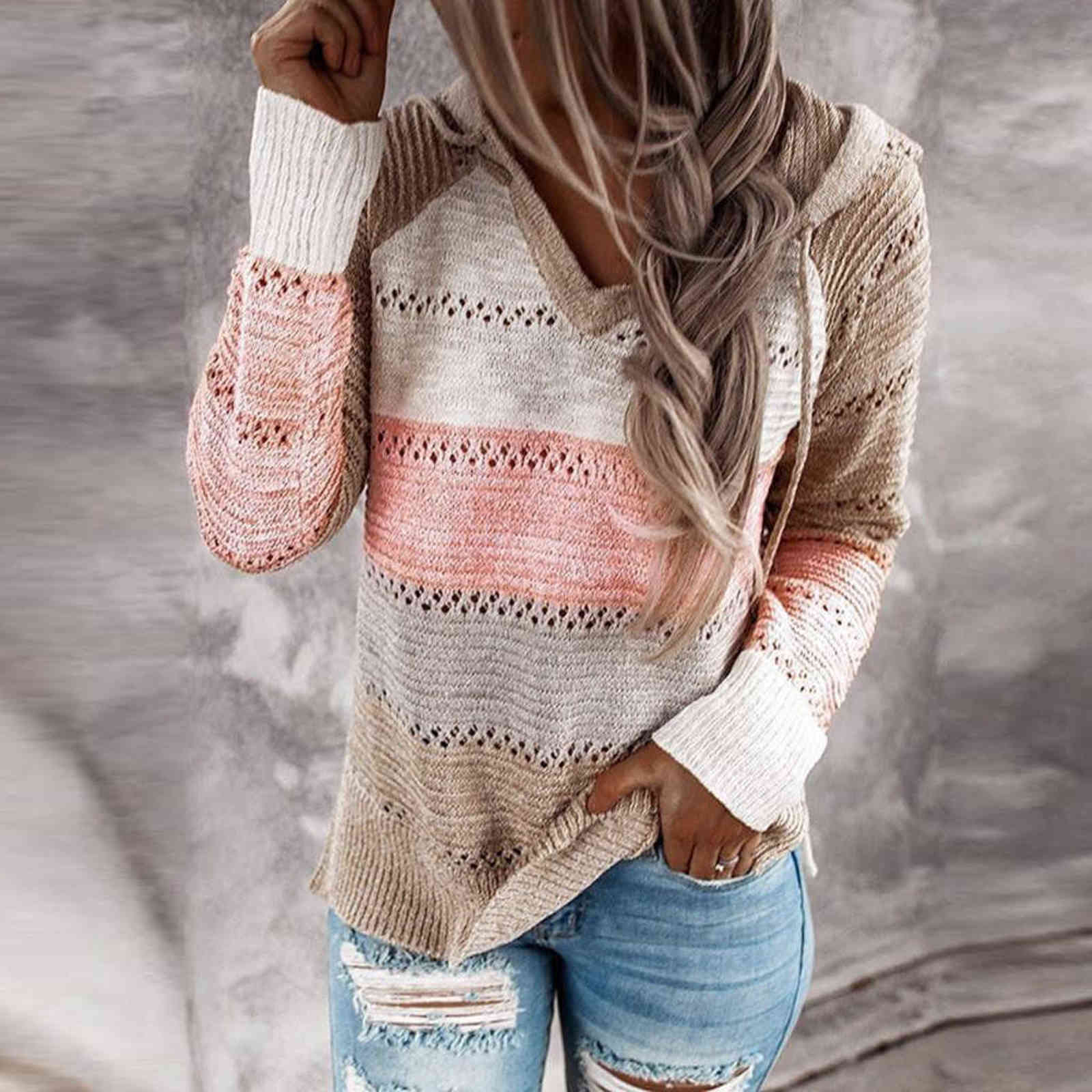 Autumn Women Patchwork Hooded Sweater Long Sleeve V-neck Knitted Sweater Casual Striped Pullover Jumpers Female Hoodies 211109