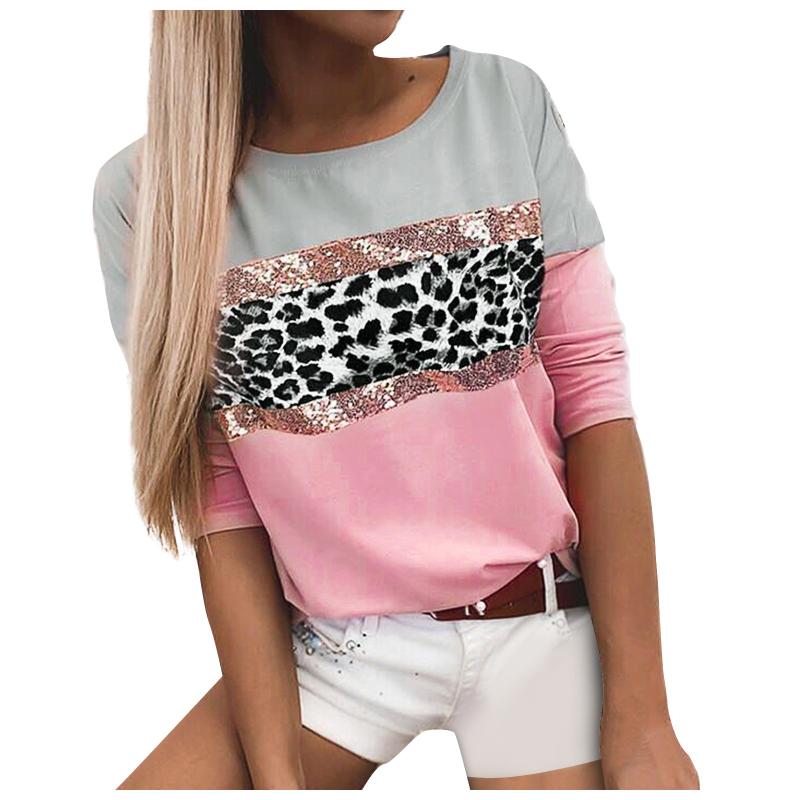 Summer T Shirts Women Leopard Printed Fashion Casual Sequins O-Neck Tops Long Sleeve Ropa De Mujer