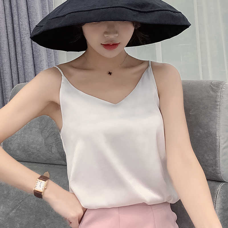 Korean Silk Halter Top Women Silk Camis Women V-neck Satin Tank Tops Elegant Woman Sleeveless White Tops Sexy Top Plus Size XXXL 210625