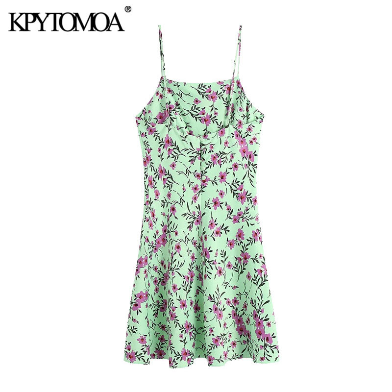 Women Chic Fashion Floral Print Cozy Mini Dress Backless With Buttons Thin Straps Female Dresses Vestidos 210420