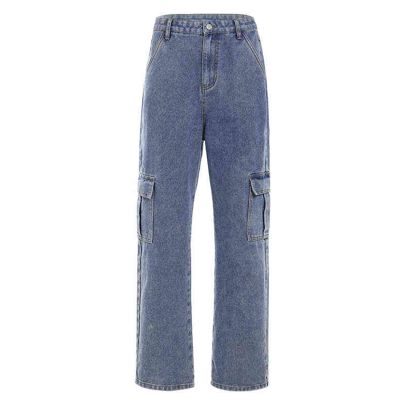 Weekeep Pockets Patchwork High Waist Jeans Women Streetwear Straight Jean Femme Blue 100% Cotton Cargo Pants 211112