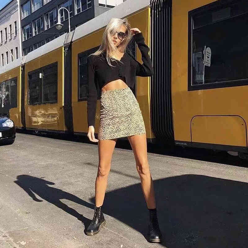 Leopard print mini skirts womens autumn winter knitted high waist chic streetwear bodyon elastic faldas 210427