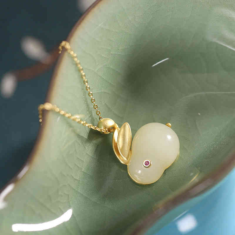 S925 Silver Plated Hetian Jade Pendant Lovely Temperament Rabbit Children's Earrings Bracelet Ring Necklace Set