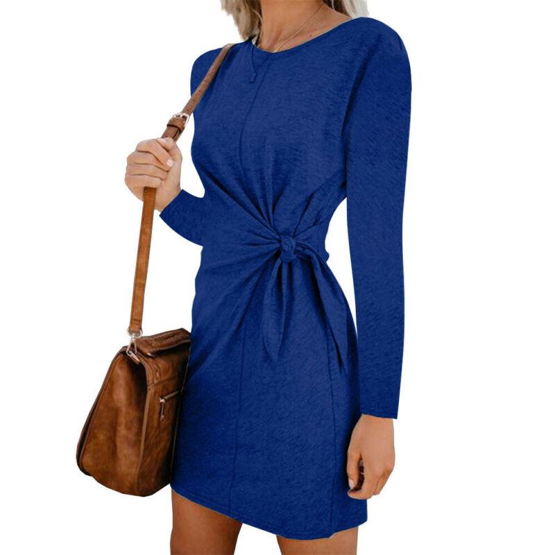 Fashion Women's Fall Winter Casual Mini Dress Sweatshirt Long Sleeve Crew Neck Lace-Up Solid Slim Tunic Top Shirt Office Dresses