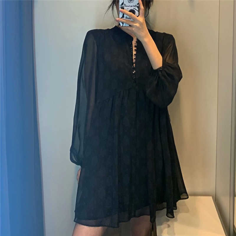 Za Retro Print Black Dress Women Transparent Long Sleeve Elegant Chiffon Short Dresses Woman Chic Asymmetric Hem Vestido 210602
