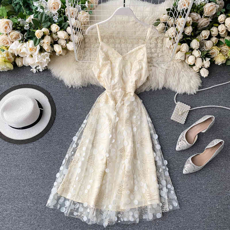 Summer Women Sexy V Neck Spaghetti Strap Party Dress Slim High Waist Backless Polka Dot Tulle Fairy Dress Vestidos 210521