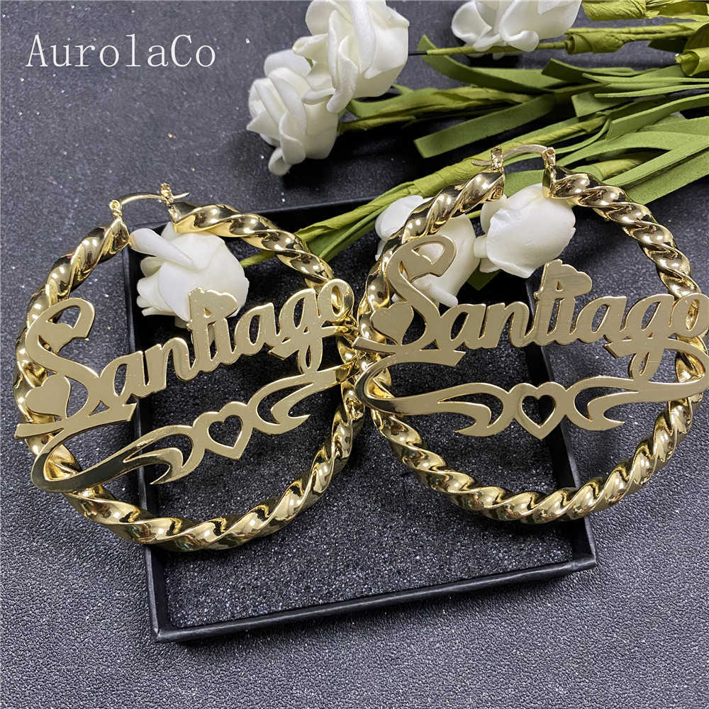 

AurolaCo 30-90MM Custom Name Earrings Big Hoops Stainless Steel Hip Hop Style for Women Gift 210924