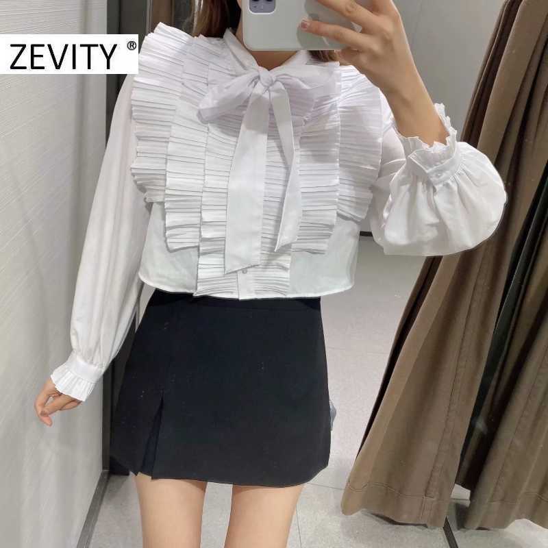 Zevity women fashion bow collar press pleated ruffles casual smock chic blouse ladies poplin roupas femininas shirts tops LS7253 210603