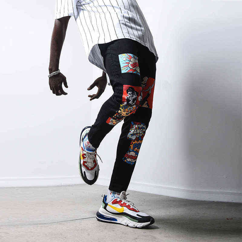 Men Black Jeans Fashion High Waist Stretch Washed Denim Pencil Pants Skull Pattern Letter Printed Street Trousers 211220