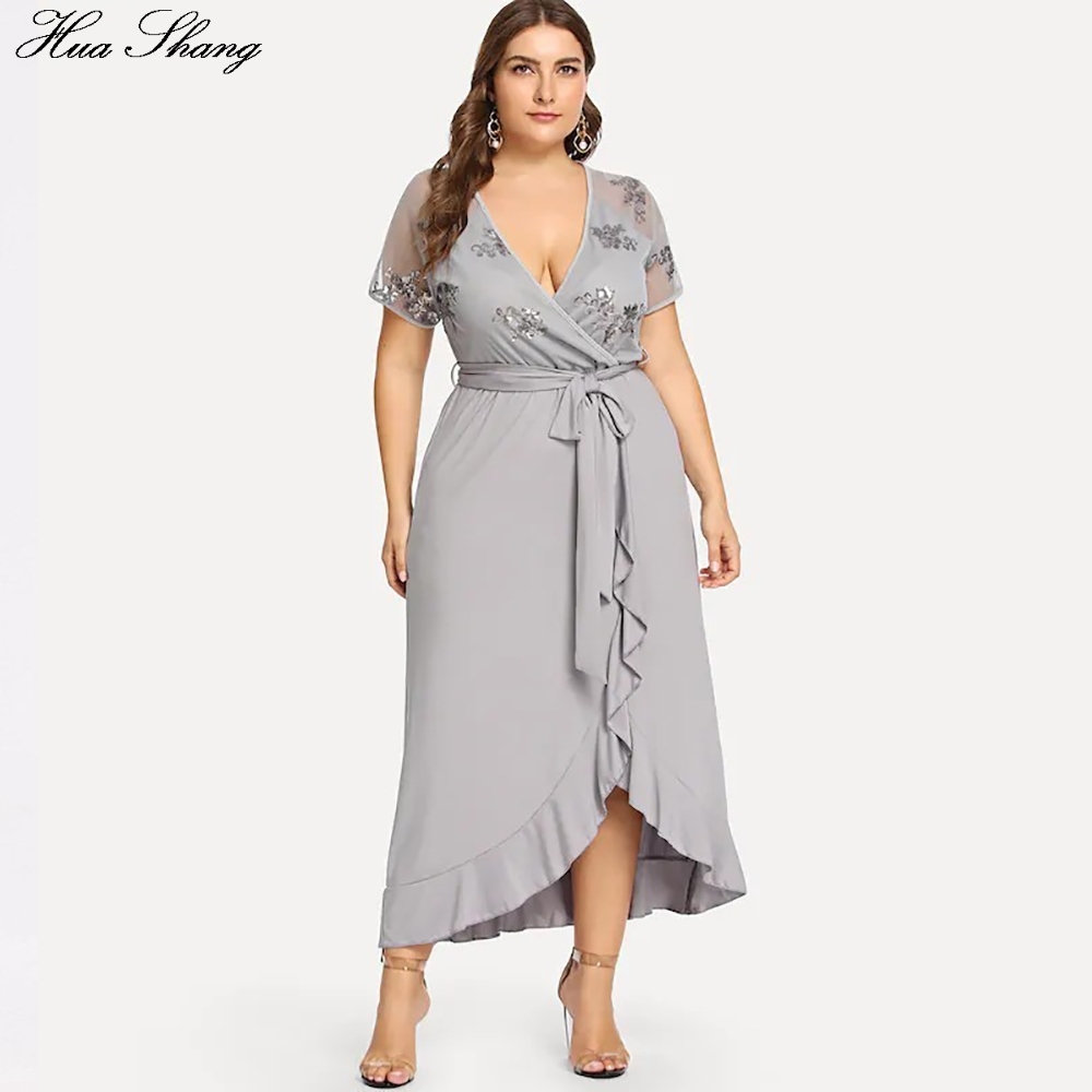 Women Summer Casual Dress Plus Size Female V Neck Short Sleeve Sequied Party Dresses Ruffles Irregular Maxi Long Dress 210331