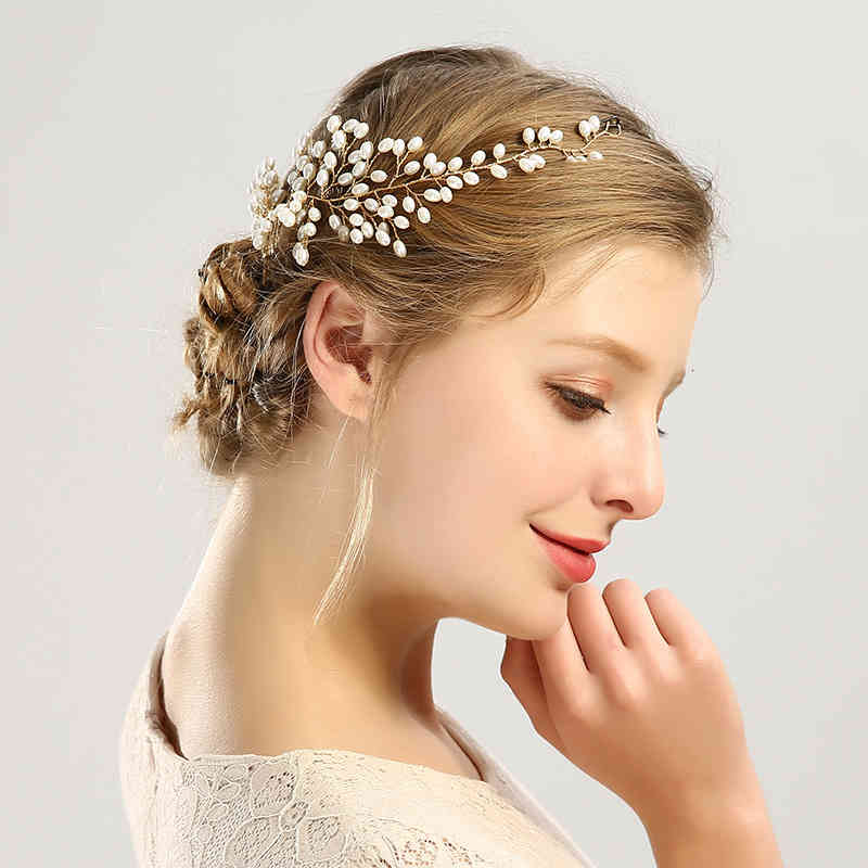 Wedding Hair Jewelry Accessories Pearl Long Band Comb Dish Bride Headdress Headband