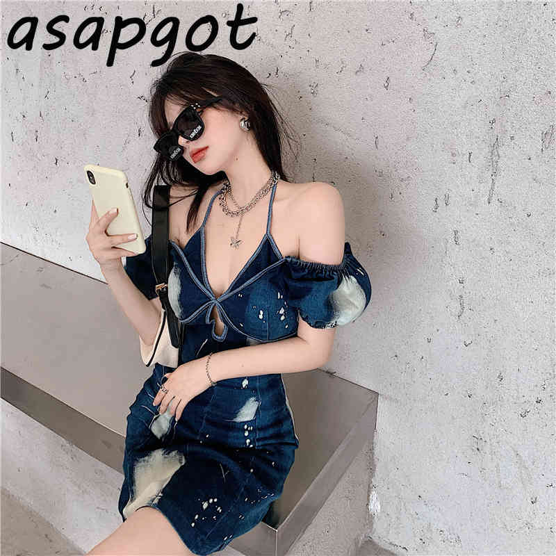 Dresses Sexy Spaghetti Strap Off The Shoulder Blue Denim Tie Dyed Dress Women Halter Party Vintage Vestido De Mujer Hollow Out 210429